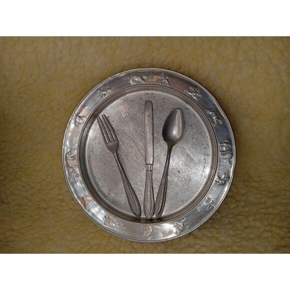 Vintage Aluminum Serving Snack Plate And Silverware Animals 6" Diameter Germany - Picture 1 of 9